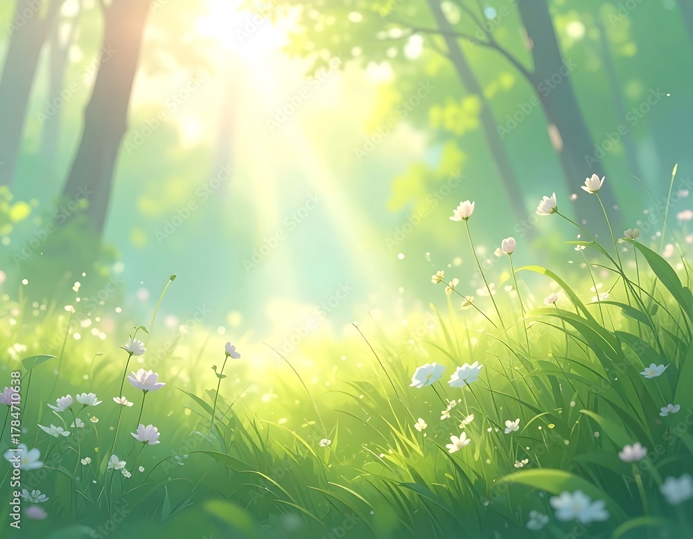 Fototapeta premium A sun-dappled forest scene, soft light filtering through trees onto a vibrant, flowery meadow, creating a peaceful ambiance