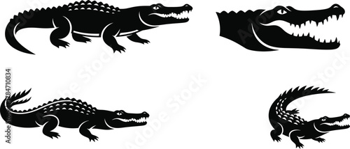 Collection of aggressive black crocodile and alligator vector silhouettes, ideal for team mascots or icons 37