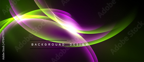 Abstract flowing lines, vibrant colors. Green, purple, pink hues blend into dark background. Modern design element.