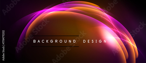 Abstract design features vibrant orange, pink curves. Dark background emphasizes glowing light effects, modern aesthetic.