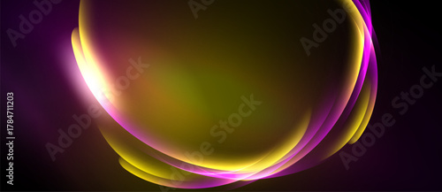 Abstract design features flowing curves, vibrant colors. Purple, gold hues create dynamic visual impact. Smooth gradients suggest movement, energy.