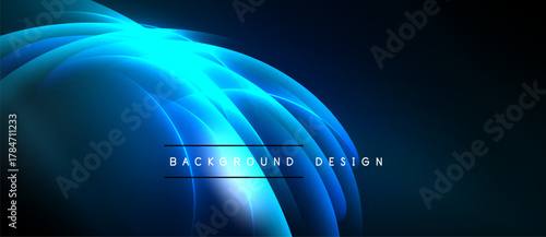 Abstract blue light streaks form curved shapes. Dark background emphasizes bright central glow, modern design element.
