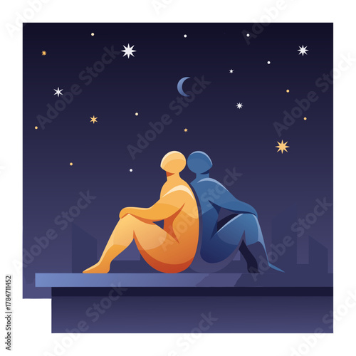 Two stylized figures orange and blue sit back to back gazing at a starry night sky with a crescent moon above city silhouette in flat vector illustration style