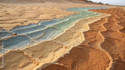 Mixed paint and sand create vibrant textures in a desert landscape at sunset