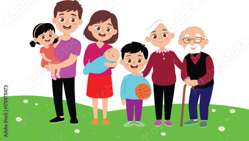Happy multigenerational family standing together outdoors, cartoon grandparents parents and children smiling in nature, family bonding illustration with blue sky background