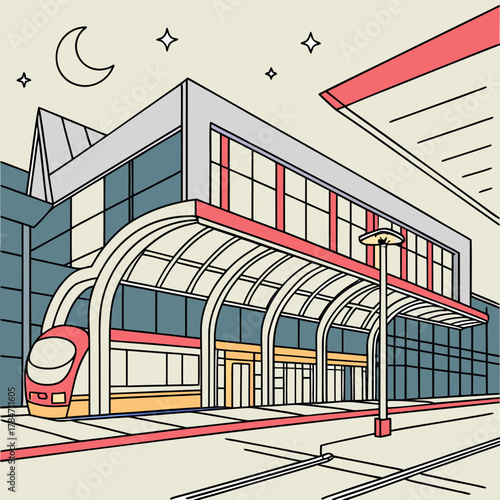 Modern train station at night with crescent moon and stars