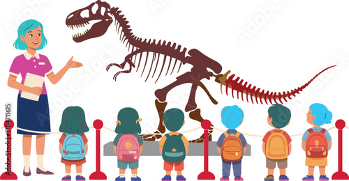Teacher guiding group of school children visiting dinosaur skeleton exhibit in science museum, educational field trip learning about prehistoric fossils