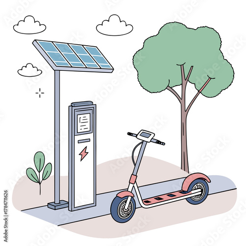 Electric scooter charging station powered by solar energy in a park