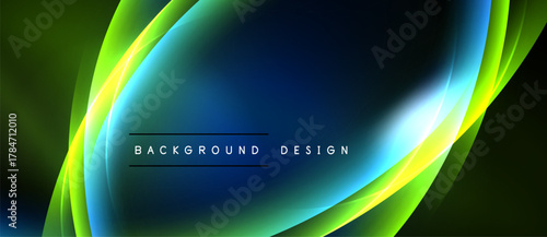 Abstract background features flowing lines, vibrant green, blue hues. Modern design with central bright area, text overlay.