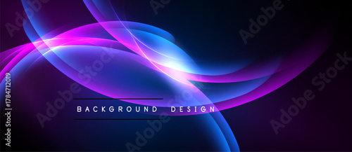 Abstract neon waves, vibrant blues, pinks, light effects create dynamic background design. Modern, sleek presentation.