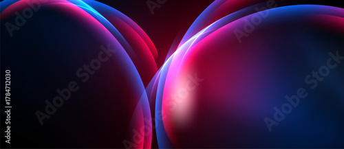 Abstract shapes blend, creating vibrant light effects. Dark background emphasizes glowing curves, suggesting energy, motion.