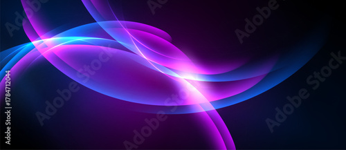 Abstract flowing shapes, vibrant purple, blue hues. Light radiates from central point, creating dynamic visual effect. Smooth gradients dominate composition.