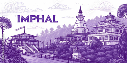 Imphal Skyline Sketch for Tourism, Featuring Kangla Fort, Ima Market, and Manipur State Museum