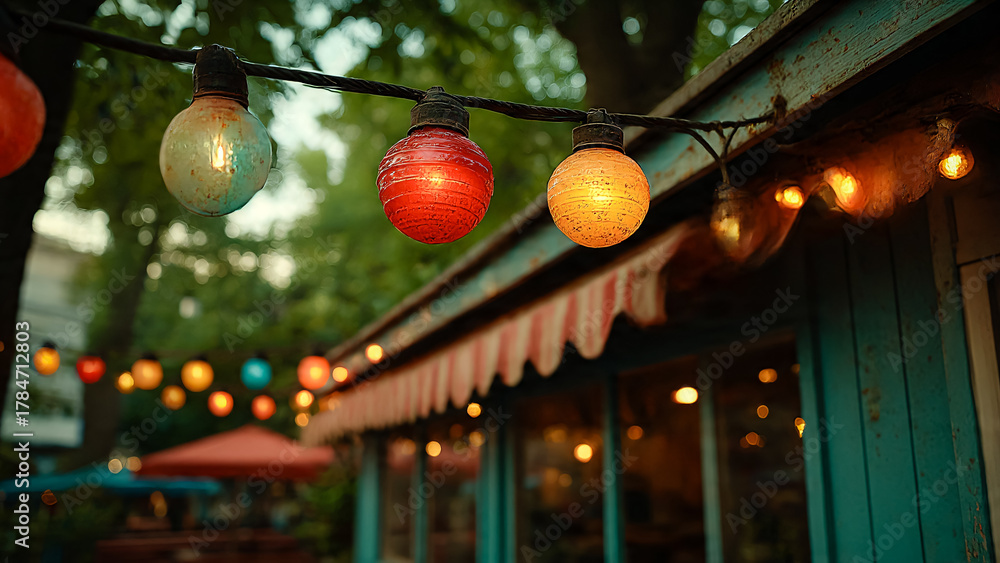 Naklejka premium Guinguette avec guirlandes lumineuses