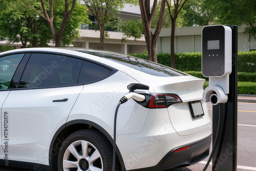 A close-up photo of the electric vehicle while charging.