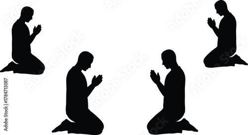 Kneeling Silhouette in Prayer Pose Facing Four Directions, Spiritual Meditation Concept with Symmetry, Unity, Contemplation, and Inner Peace