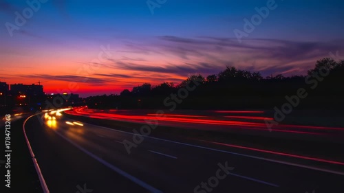 Car Light Trails on Highway at Sunset