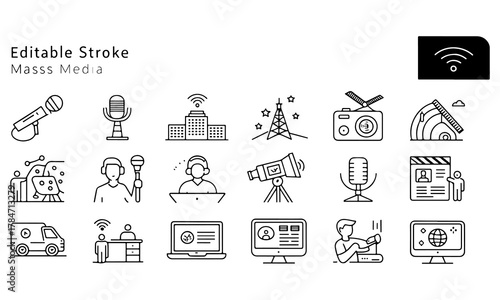 Collection of media and broadcasting icons in sketch style