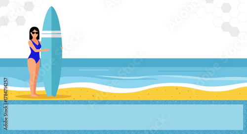 Vector illustration of a woman with a surfboard on a beach with sea and sand, ideal for summer