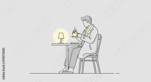 Vector illustration of a man enjoying a cup of coffee in a minimalist style setting