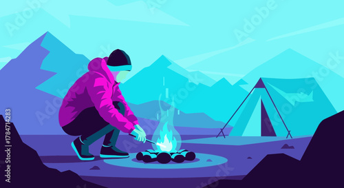 Vector illustration of a camper lighting a fire in a mountainous landscape with a tent adding a