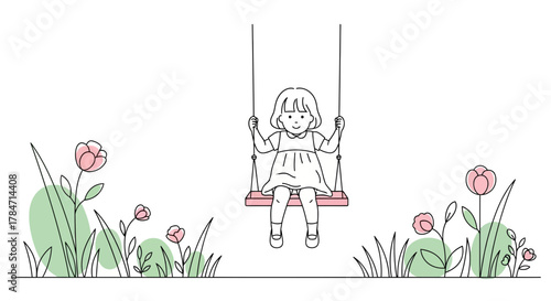 A joyful girl on a swing amidst blossoming flowers a carefree childhood moment presented in a