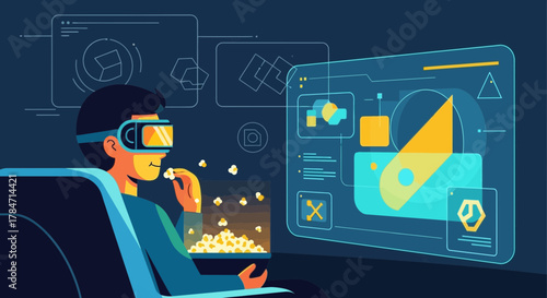 A person enjoying a virtual reality experience with popcorn in a stylized scene
