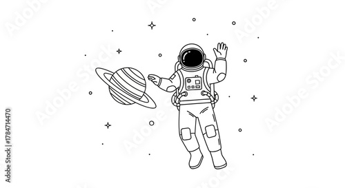 Astronaut in Space with Planet Illustration Floating Amidst Stars and cosmic backdrop