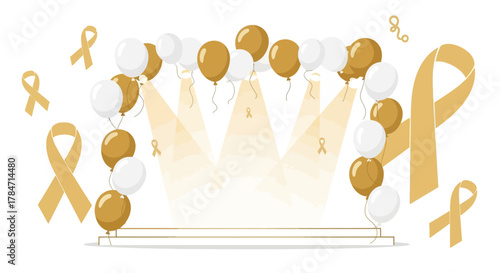 Awareness ribbon stage decorated with gold and white balloons symbolyzing hope and cure