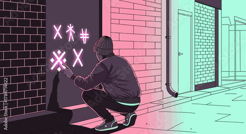 Digital graffiti artist in an urban alleyway creating virtual art on a wall using technology