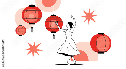 Elegant Dancer Gracefully Poses Amidst Glowing Red Lanterns and Starry Accents