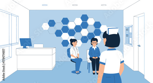 Illustration depicting doctor, patient, and nurse in a modern medical clinic setting with hexagon
