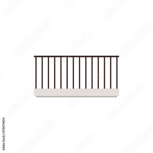 Minimalist illustration of a balcony railing with vertical black bars and a light gray base on a white background. Perfect for architecture, construction, and home design projects.