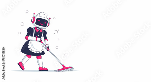 Illustration of a futuristic smiling robot maid cleaning with mop a floor surface