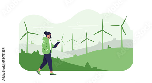 Illustration of a female engineer inspecting wind turbines on a green energy farm