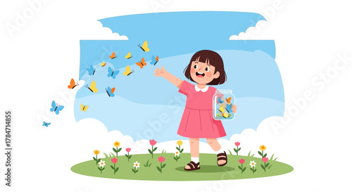 Illustration of a girl releasing butterflies from a jar in a beautiful outdoor setting perfect for