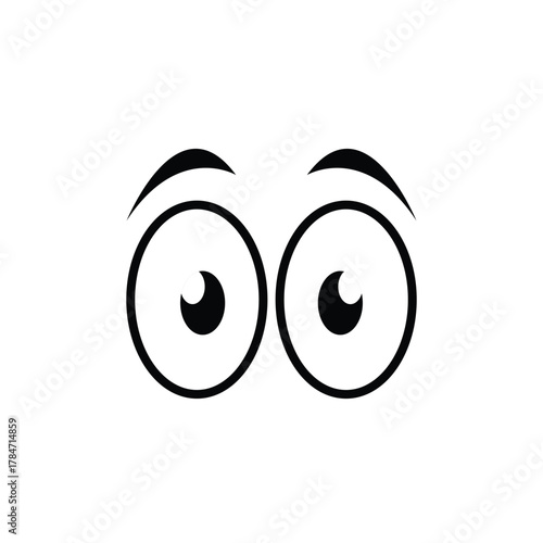 Minimalist cartoon eyes icon with raised eyebrows on a white background. Perfect for humor, surprise, curiosity, emotion, and social media design concepts in digital illustration projects.