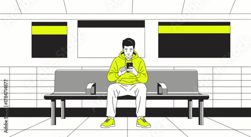 Illustration of a person using a smartphone while sitting on a bench inside an airport or train