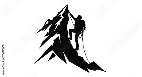 Silhouette of a determined climber scaling a jagged mountain peak with a rope.