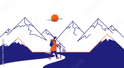 Minimalist Illustration of Hiker in Mountain Landscape with Rising Sun Vector Graphic