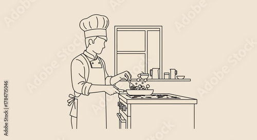Minimalist chef preparing food illustration line art vector design concept drawing for culinary or