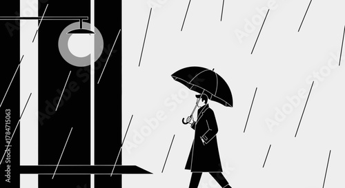 Monochrome illustration of a man walking under an umbrella in the rain at night beneath a street