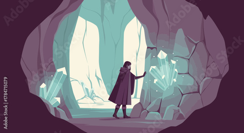 Mysterious cave explorer discovering glowing crystals inside a cavern illustration