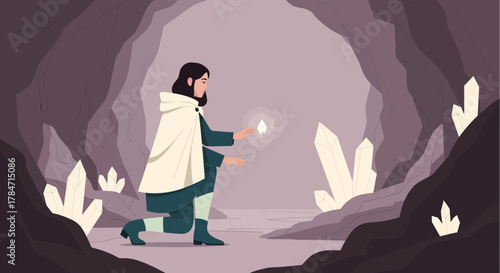 Mystical cave exploration girl finds a magical crystal in an underground cavern landscape showing