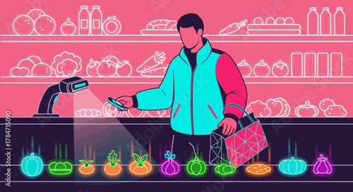 Modern supermarket self checkout with smartphone scan and grocery colorful design concept