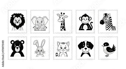 Cartoon animal illustrations in black and white stamp design  
