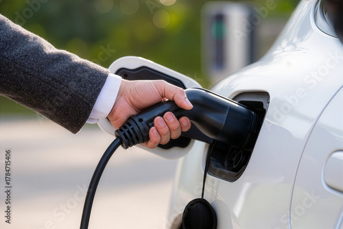 A close-up photo of the electric vehicle while charging station ai generate