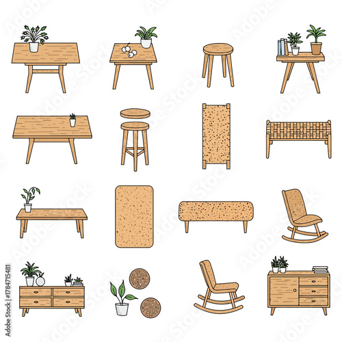furniture illustration vector art showcasing a variety of wood furnishings in a line art style ideal for interior design blogs and style guides.