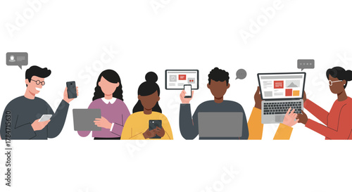 diverse people using technology staying connected with mobile devices tablets and laptops in a network environment illustrating modern communication