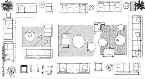 floor plan layout with furniture top-down view showcasing interior design and space planning for modern living room arrangement perfect for architects